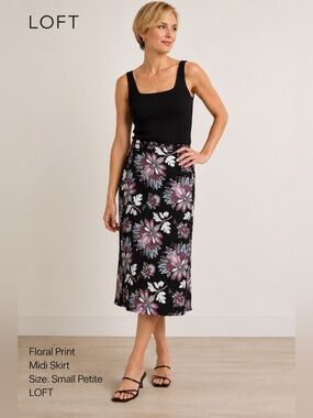 Loft Floral Print Women's Midi Skirt size small petite